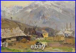 Original Oil Painting Carpathian Landscape Antique Soviet canvas Art Signed 1955