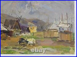 Original Oil Painting Carpathian Landscape Antique Soviet canvas Art Signed 1955