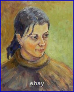 Original Oil Painting Female Portrait Woman Girl Vintage Antique Soviet Art 60s