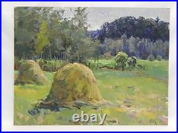 Original Oil Painting Landscape Haymaking Vintage Soviet Antique Art Signed 1984