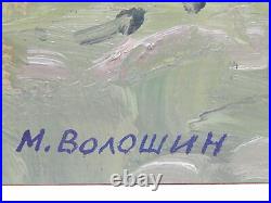 Original Oil Painting Landscape Meadow Vintage Antique Soviet Art by M. Voloshin