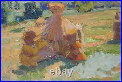 Original Oil Painting Summer Field Landscape Haystacks Antique Soviet Art 1960s