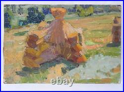 Original Oil Painting Summer Field Landscape Haystacks Antique Soviet Art 1960s