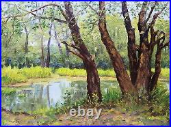 Original Oil Painting Summer River Landscape Vintage Antique Soviet Signed Art