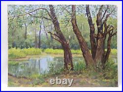 Original Oil Painting Summer River Landscape Vintage Antique Soviet Signed Art