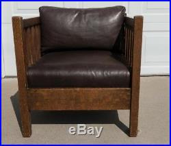 Original Vintage Stickley Oak and Leather Slat Style Cube Chair Arts & Crafts