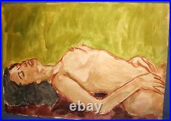 Original vintage watercolor painting impressionist nude woman portrait