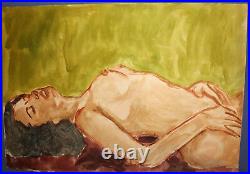 Original vintage watercolor painting impressionist nude woman portrait