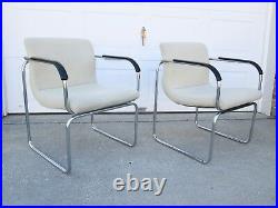 PAIR Vtg 70s OFS Mid Century Modern Tubular Chrome Wavy Upholstered Side Chairs