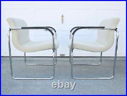 PAIR Vtg 70s OFS Mid Century Modern Tubular Chrome Wavy Upholstered Side Chairs