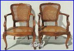 Pair Antique/Vtg French Bergere Cane Louis XV Style Flower Accent Arm Chairs Set