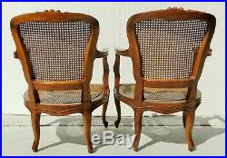 Pair Antique/Vtg French Bergere Cane Louis XV Style Flower Accent Arm Chairs Set