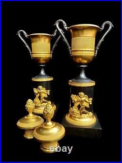 Pair Of Antique French Candlesticks Empire Ormolu Cassolettes Urns Bronze c1810