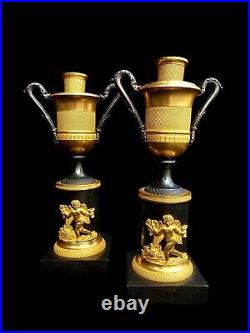 Pair Of Antique French Candlesticks Empire Ormolu Cassolettes Urns Bronze c1810