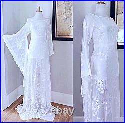Plus Size VTG White Sheer Lace Wedding Gown BoHo Hippie Bell Sleeve Maxi DRESS