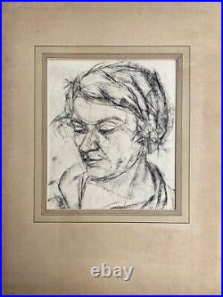 Portrait Young Woman Erich Hinz Berlin Vintage Antique Charcoal Drawing Um