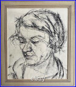 Portrait Young Woman Erich Hinz Berlin Vintage Antique Charcoal Drawing Um