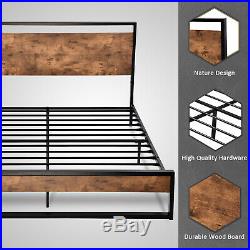 QUEEN FULL TWIN Platform Metal Bed Frame With Wood Headboard & Footboard Brown