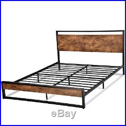 QUEEN FULL TWIN Platform Metal Bed Frame With Wood Headboard & Footboard Brown