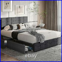 Queen Size Bed Frame with 4 Storage Drawers Platform Adjustable Height Headboard