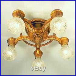REWIRED Antique Art Deco 5 Light Gold Flush Chandelier Fixture ORIGINAL FINISH