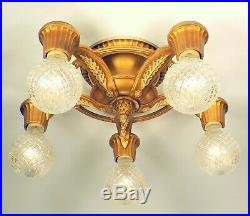 REWIRED Antique Art Deco 5 Light Gold Flush Chandelier Fixture ORIGINAL FINISH