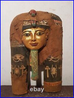 Rare Antique Ancient Egyptian Wood Mask Queen Crown Hiroglyphic 2480 BC