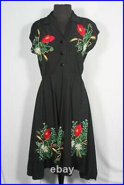 Rare French Vintage Wwii Era 1940's Floral Embroidered Rayon Dress Size 6-8