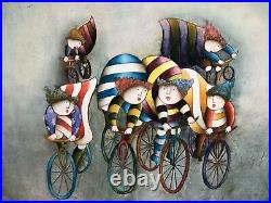 Rare Signed J. Roybal Children Riding Bicycles XL Art Oil Painting 53 x 41
