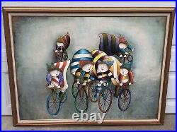 Rare Signed J. Roybal Children Riding Bicycles XL Art Oil Painting 53 x 41