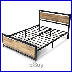 Retro Design Full Size Metal Platform Bed Frame with Wood Headboard & Footboard