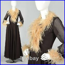 S 1970s Brown Wide Leg Jumpsuit Feather Trimmed Palazzo Pants Legs Disco 70s VTG