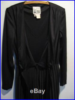 SALE Vintage 1970s Jumpsuit Black Nylon Palazzo Pants WIDE leg LOW V Neck dress