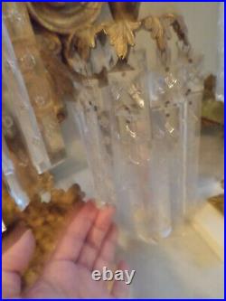 SPECTACULAR! Antique Three Piece Girandole Set /Candelabra Huge 7 Crystal Prism