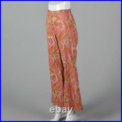 Small 1970s Wrangler Pink and Orange Abstract Print Bellbottoms VTG Boho Jeans