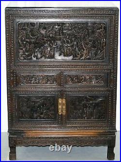 Stunning Heavily Carved Antique Chinese Cabinet Cupboard With Drop Front Desk