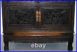 Stunning Heavily Carved Antique Chinese Cabinet Cupboard With Drop Front Desk