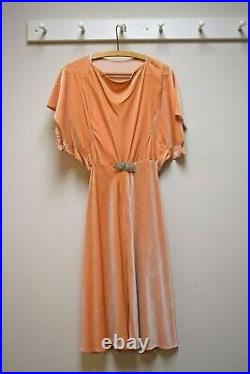 VINTAGE Antique 1930s Peach Velvet Formal Dress w Pleated Waist Back Size XS/XXS