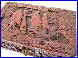 VINTAGE OLD WOOD WOODEN Jewelry Treasure BOX CARVED SCOONER SAIL Sea BOAT BOATS