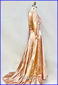 VTG 1930s Peach Rayon Satin Gown Dress w Train Wedding Party Bridal S 36-26-Free
