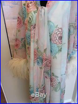 VTG 60's Christian Dior Tunic/ Caftan Dress Floral Maribou Feathered Cuffs Sz L