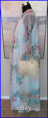 VTG 60's Christian Dior Tunic/ Caftan Dress Floral Maribou Feathered Cuffs Sz L