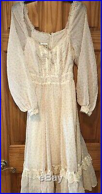 VTG 70s Gunne Sax Ivory Fairy Tale Lace Up Corset Embroidered Maxi Dress Sz 5