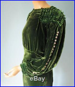 VTG Art Deco 1930s Moss Green SILK VELVET Bias-Cut Old Hollywood GOWN Dress Sm M