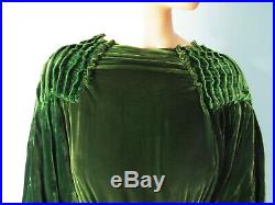 VTG Art Deco 1930s Moss Green SILK VELVET Bias-Cut Old Hollywood GOWN Dress Sm M