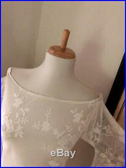 VTG Cream Lace BoHo Sheer CUT OUT Crochet Bell Sleeve Hippie Wedding Maxi DRESS