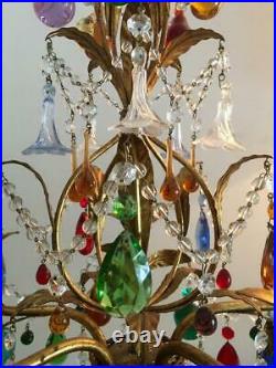 VTG ITALIAN MURANO GLASS FRUITS & FLOWERS GOLD GILT TOLE w CRYSTALS CHANDELIER