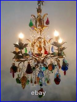 VTG ITALIAN MURANO GLASS FRUITS & FLOWERS GOLD GILT TOLE w CRYSTALS CHANDELIER