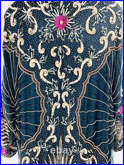 VTG JUDITH ANN CREATIONS Bead Sequin Silk Jacket Kimono 80s Opera Coat Duster M