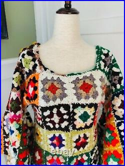 VTG Rainbow Granny Square Boho Crochet Bell Sleeve Afghan Knit 70s Hippie DRESS